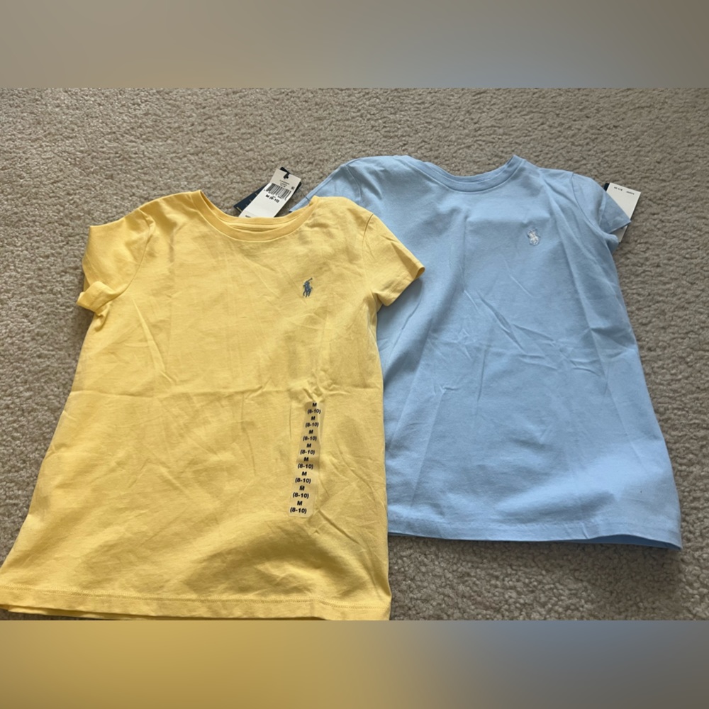Uniform tops in Baby Blue and Maze Yellow. Size 8-10. Ralph Lauren